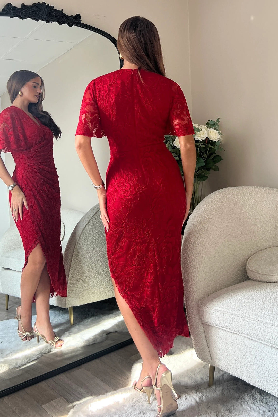 Natasha Red Lace Angel Sleeve Chiffon Wrap Midi Dress