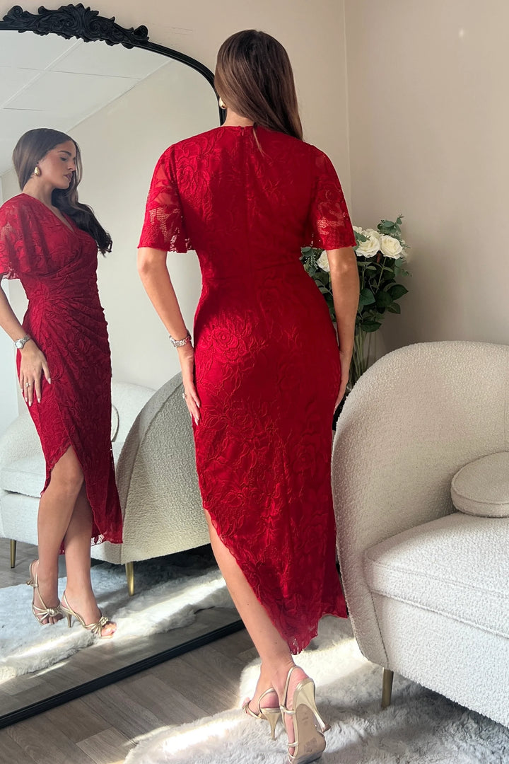 Natasha Red Lace Angel Sleeve Chiffon Wrap Midi Dress