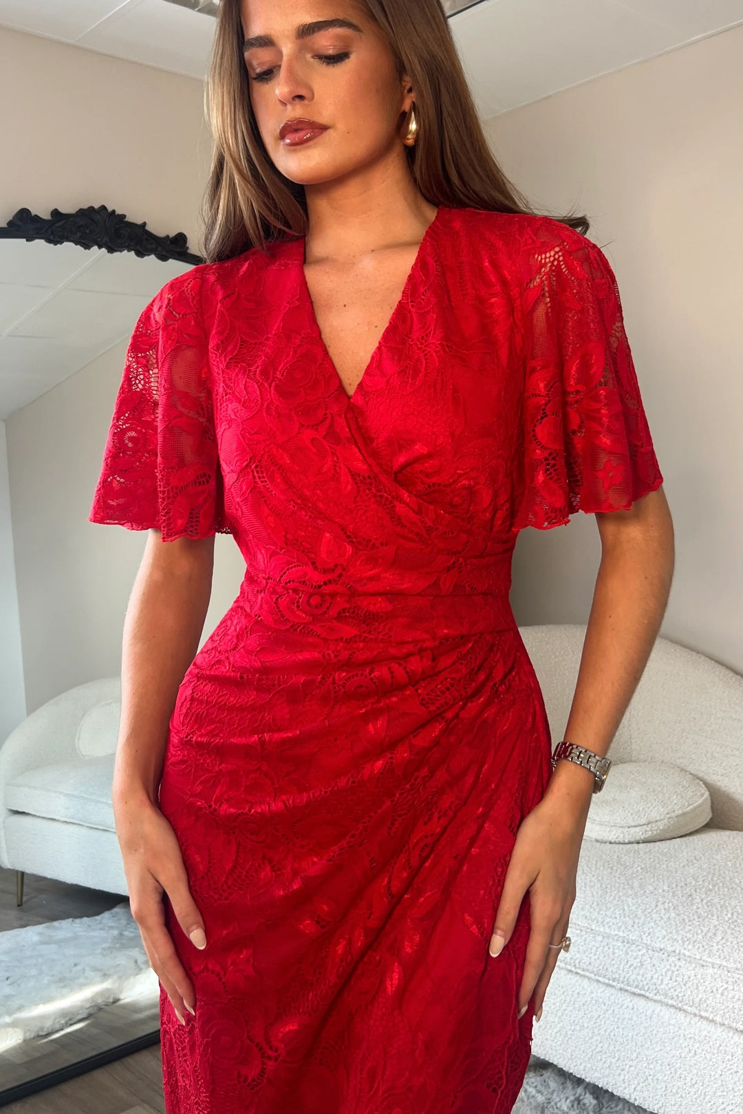 Natasha Red Lace Angel Sleeve Chiffon Wrap Midi Dress| LittleMadam Natasha Red Lace Angel Sleeve Chiffon Wrap Midi Dress| LittleMadam