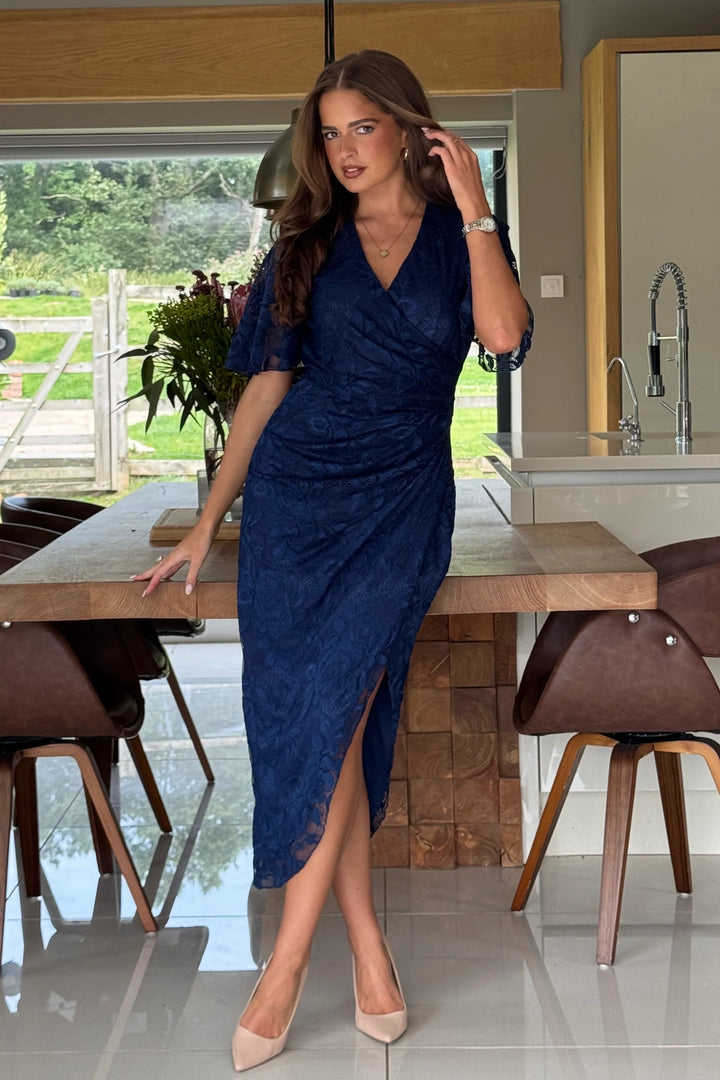 Natasha Navy Lace Angel Sleeve Chiffon Wrap Midi Dress