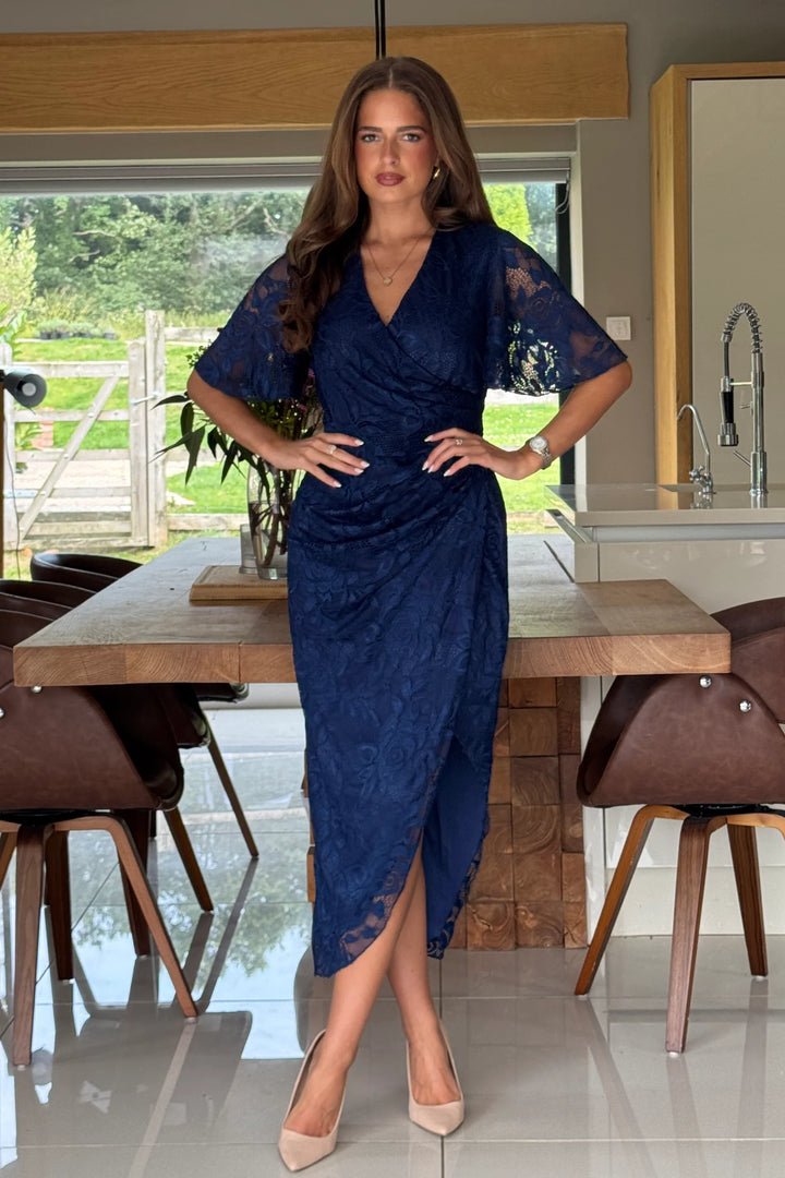 Natasha Navy Lace Angel Sleeve Chiffon Wrap Midi Dress