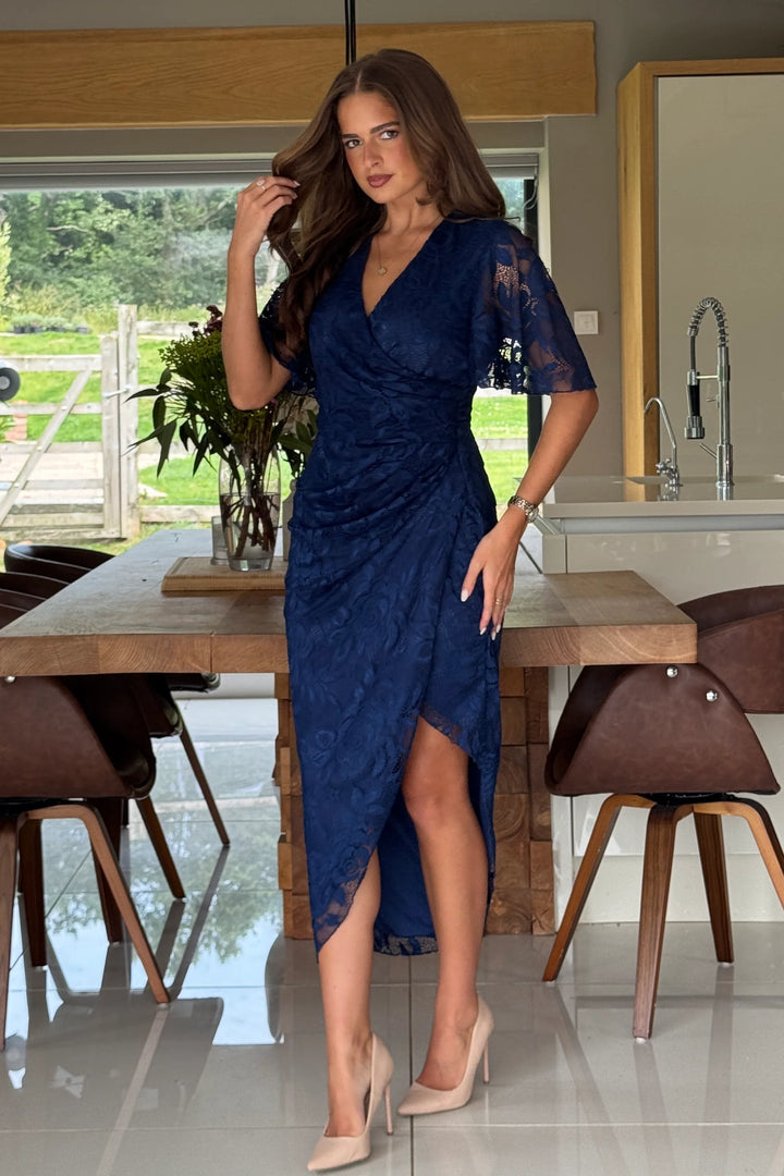 Natasha Navy Lace Angel Sleeve Chiffon Wrap Midi Dress
