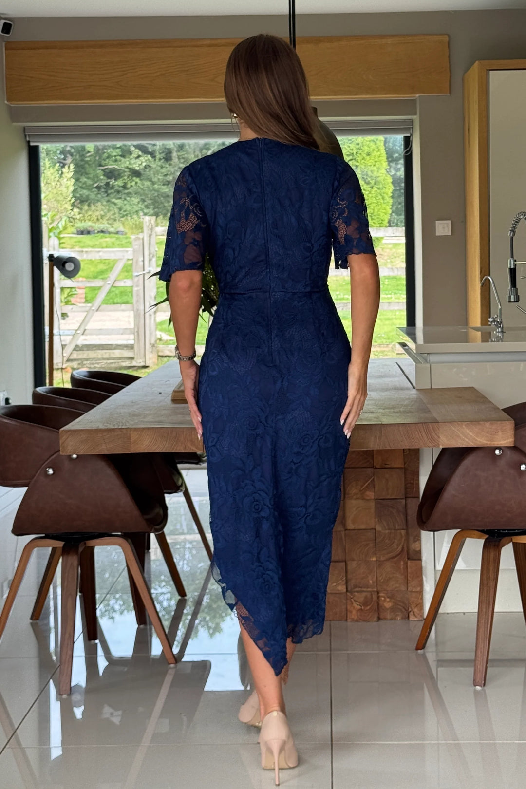 Natasha Navy Lace Angel Sleeve Chiffon Wrap Midi Dress