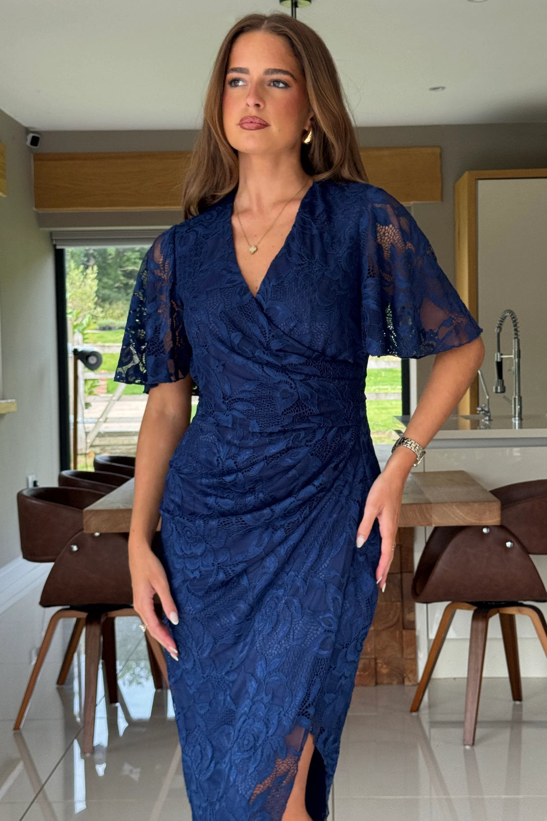 Natasha Navy Lace Angel Sleeve Chiffon Wrap Midi Dress