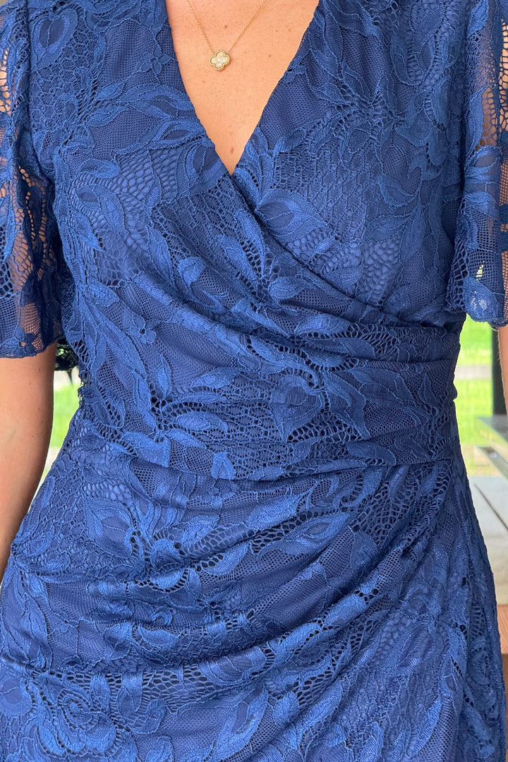 Natasha Navy Lace Angel Sleeve Chiffon Wrap Midi Dress