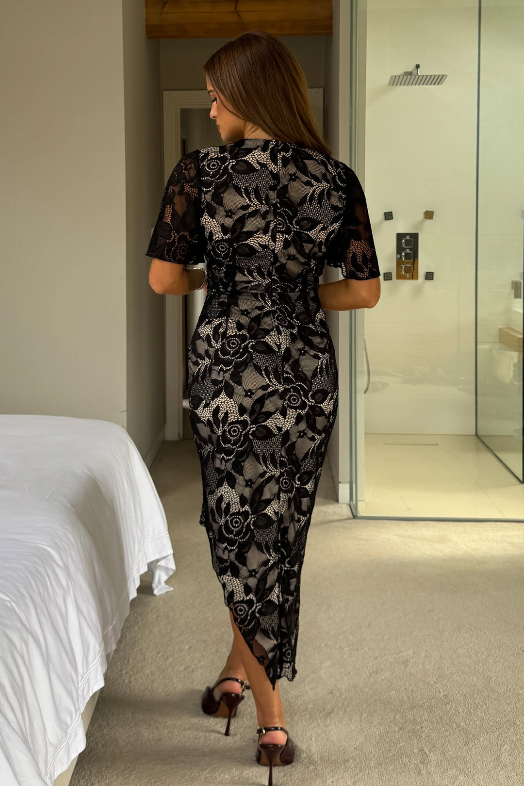 Natasha Black & Nude Lace Angel Sleeve Chiffon Wrap Midi Dress