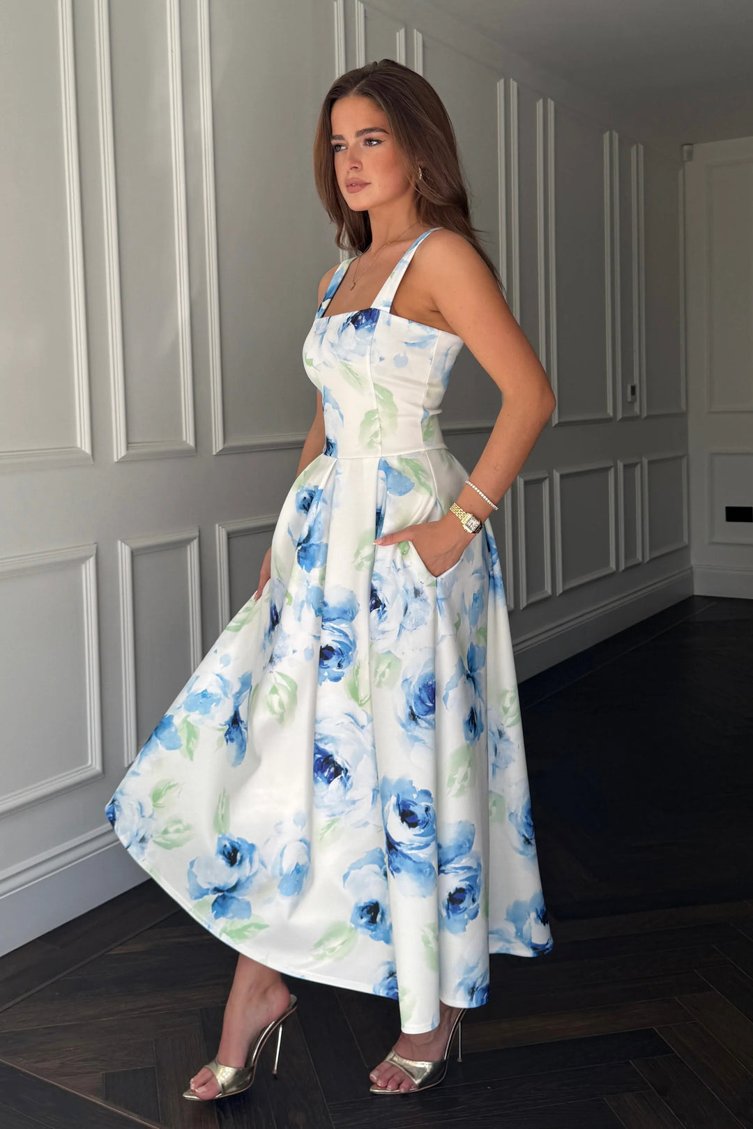 Heather Cream & Blue Floral Midi Dress With Pockets | LittleMadam Heather Cream & Blue Floral Midi Dress With Pockets | LittleMadam
