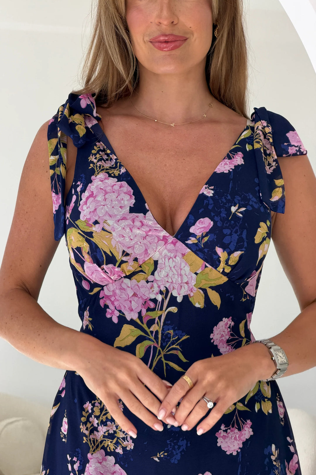 Beverly Navy Floral Tie Shoulder Midi Dress