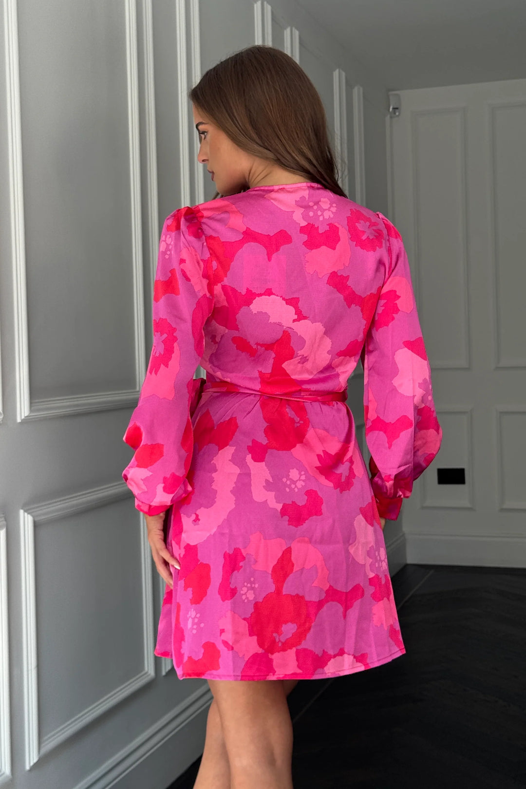 Jenny Pink Floral Long Sleeve True Wrap Mini Dress
