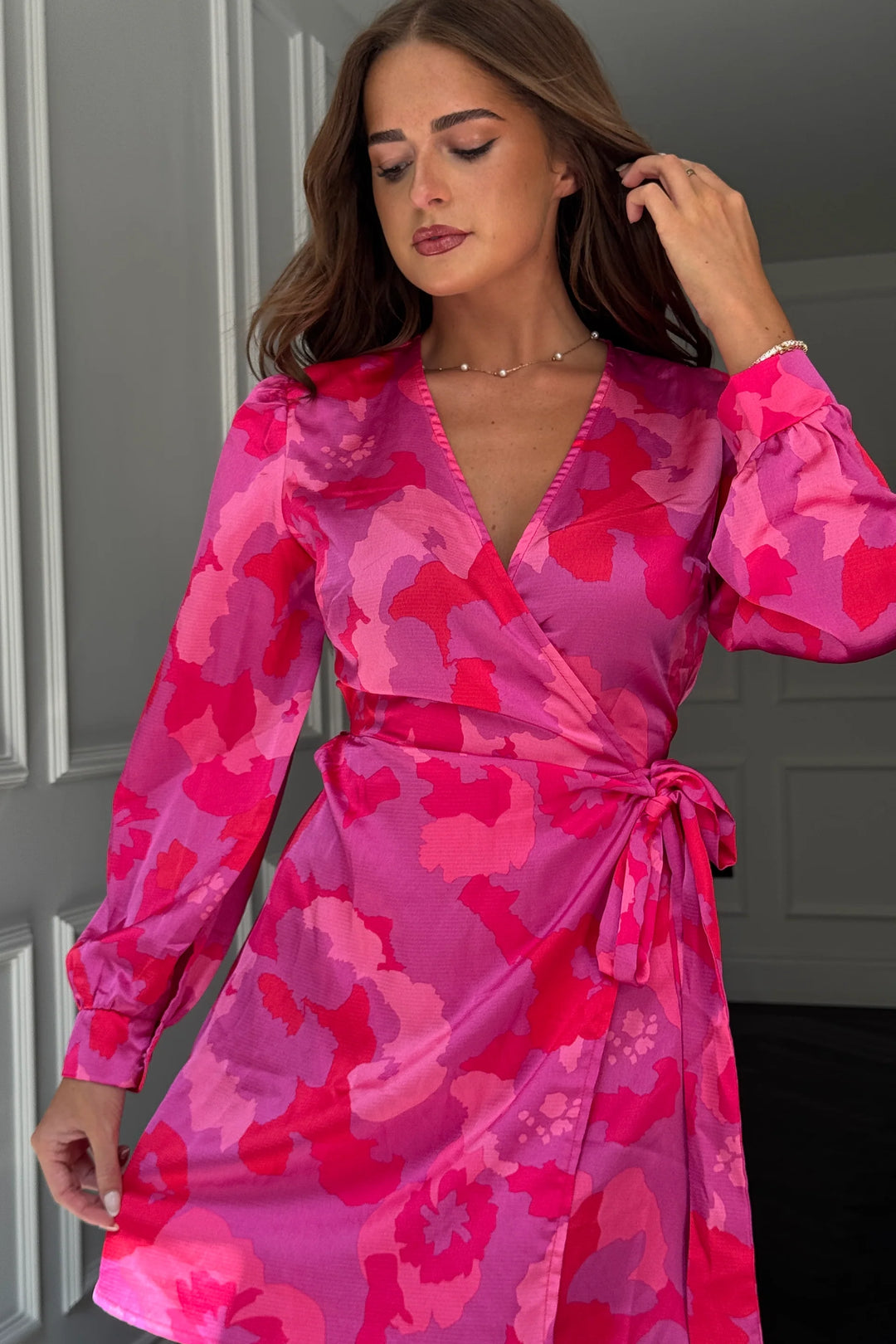 Jenny Pink Floral Long Sleeve True Wrap Mini Dress