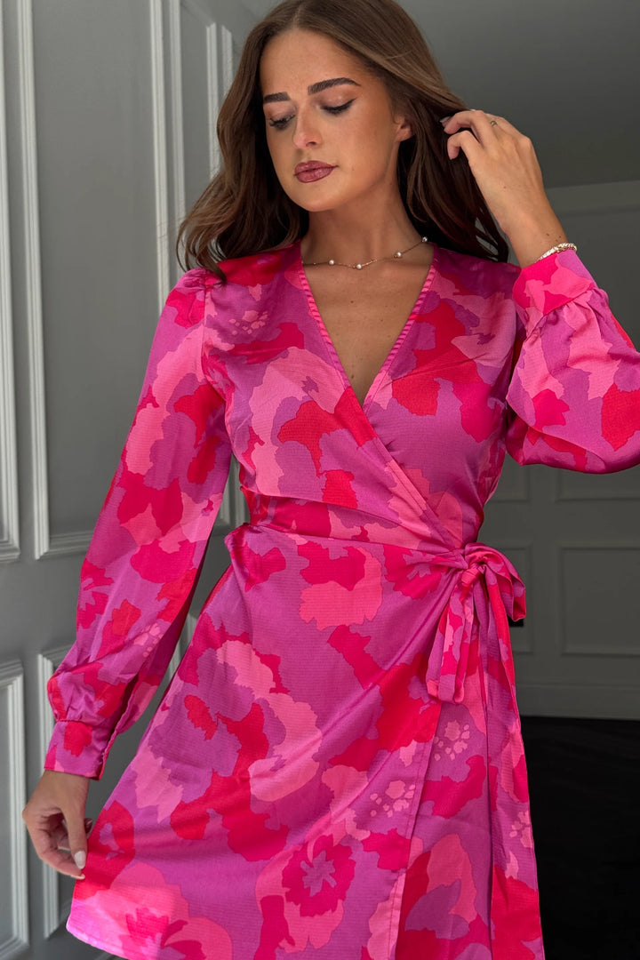 Jenny Pink Floral Long Sleeve True Wrap Mini Dress