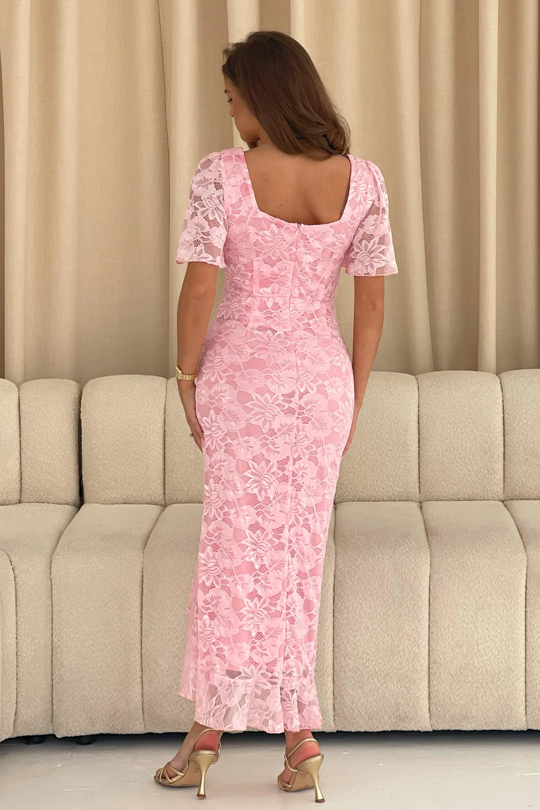 Heidi Pink Lace Ruched Short Sleeve Midi Dress