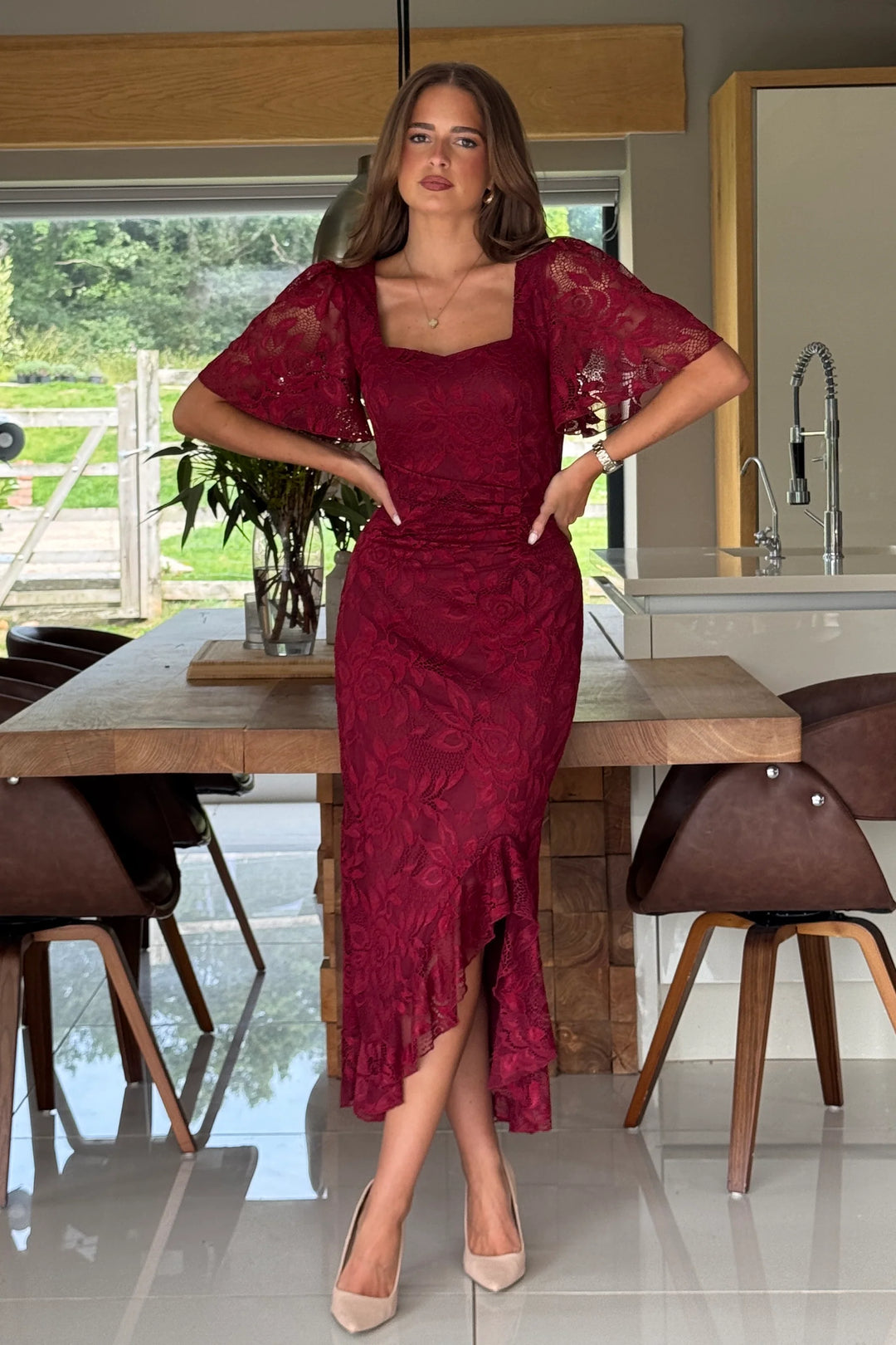 Heidi Berry Lace Ruched Short Sleeve Midi Dress