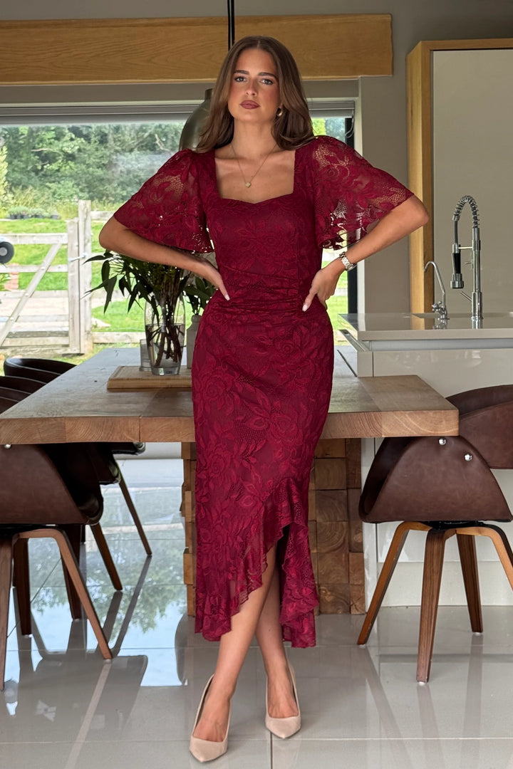 Heidi Berry Lace Ruched Short Sleeve Midi Dress