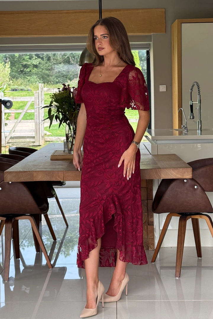 Heidi Berry Lace Ruched Short Sleeve Midi Dress