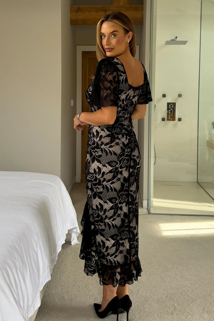 Heidi Black & Nude Lace Ruched Short Sleeve Midi Dress