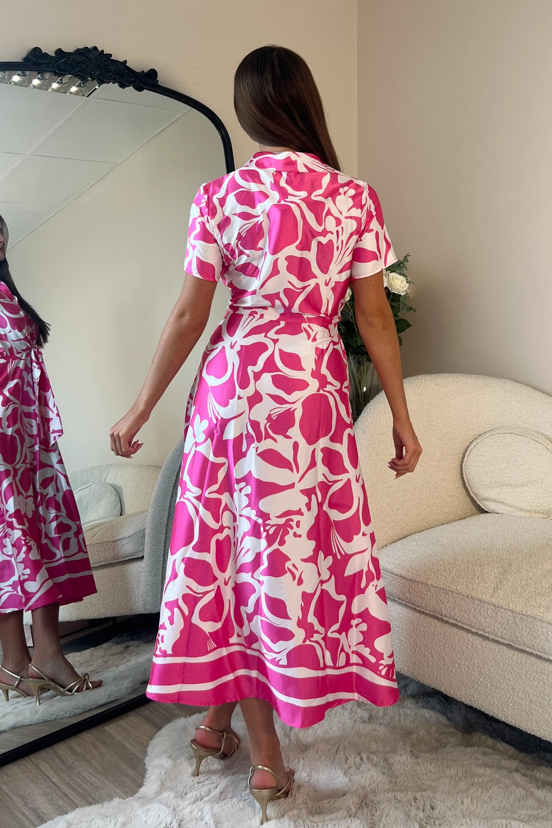 Carmen Pink Floral Short Sleeve Tie Front Midi 1/2 Shirt Dress With Pockets