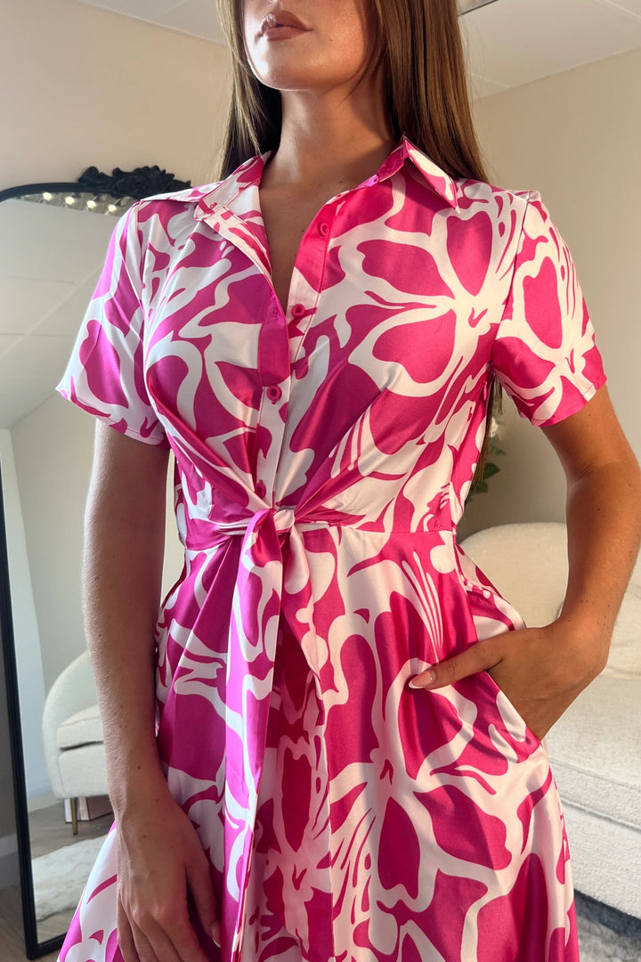 Carmen Pink Floral Short Sleeve Tie Front Midi 1/2 Shirt Dress With Pockets