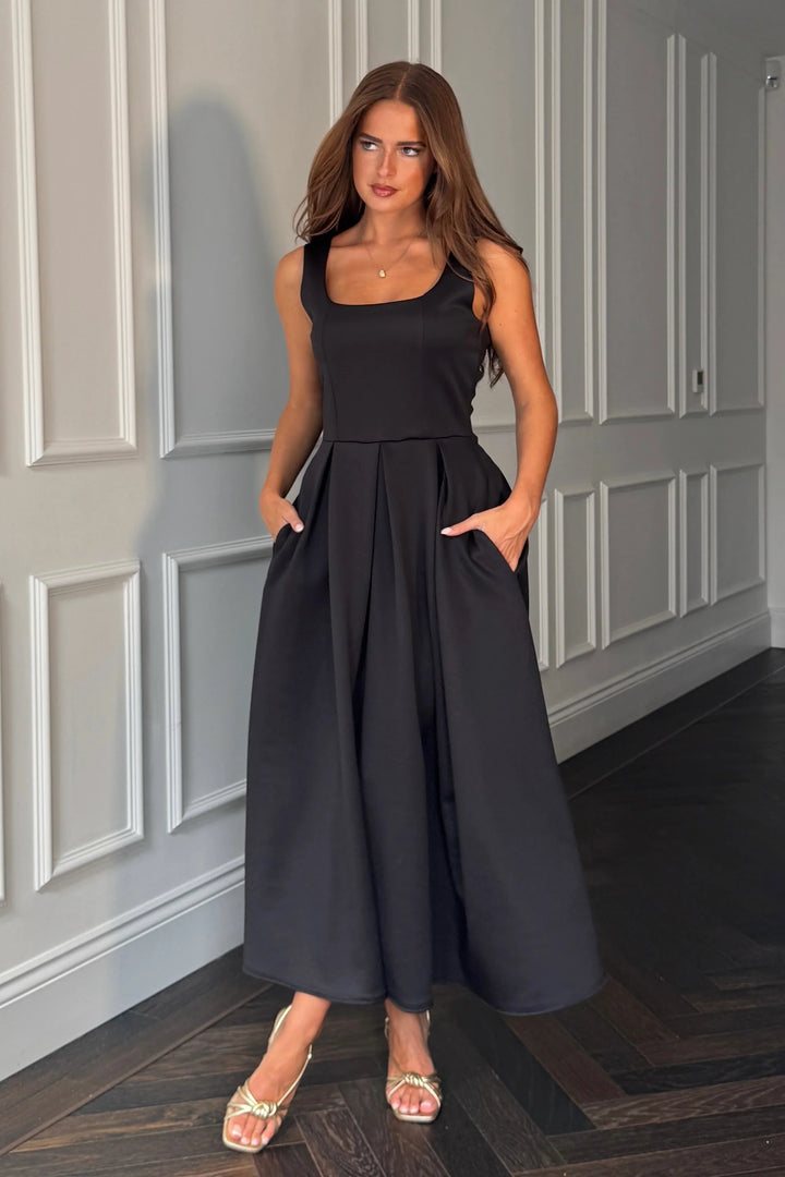 Erica Black Square Neck Sleeveless Pleated Midi Dress