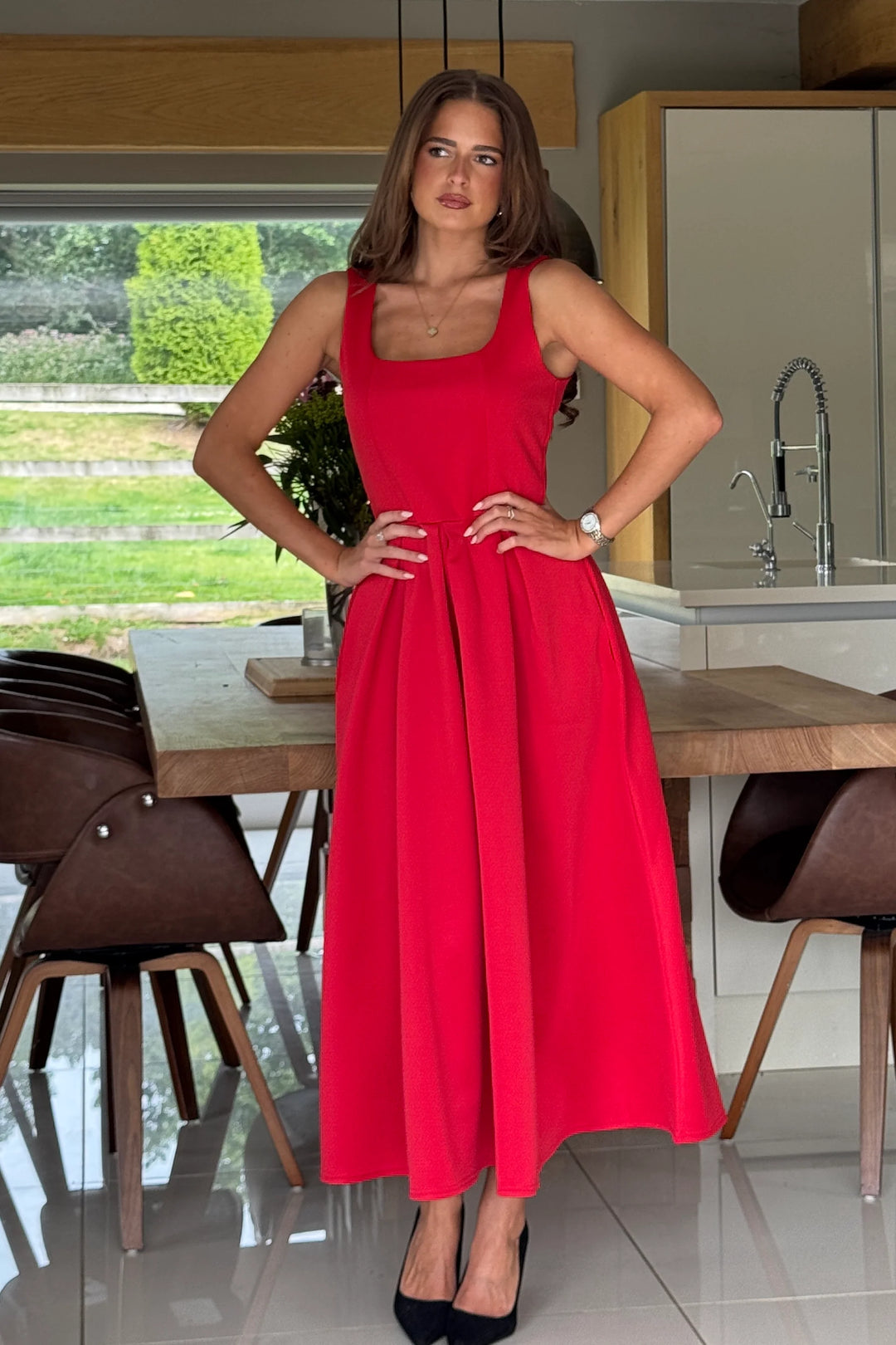 Erica Red Square Neck Sleeveless Pleated Midi Dress