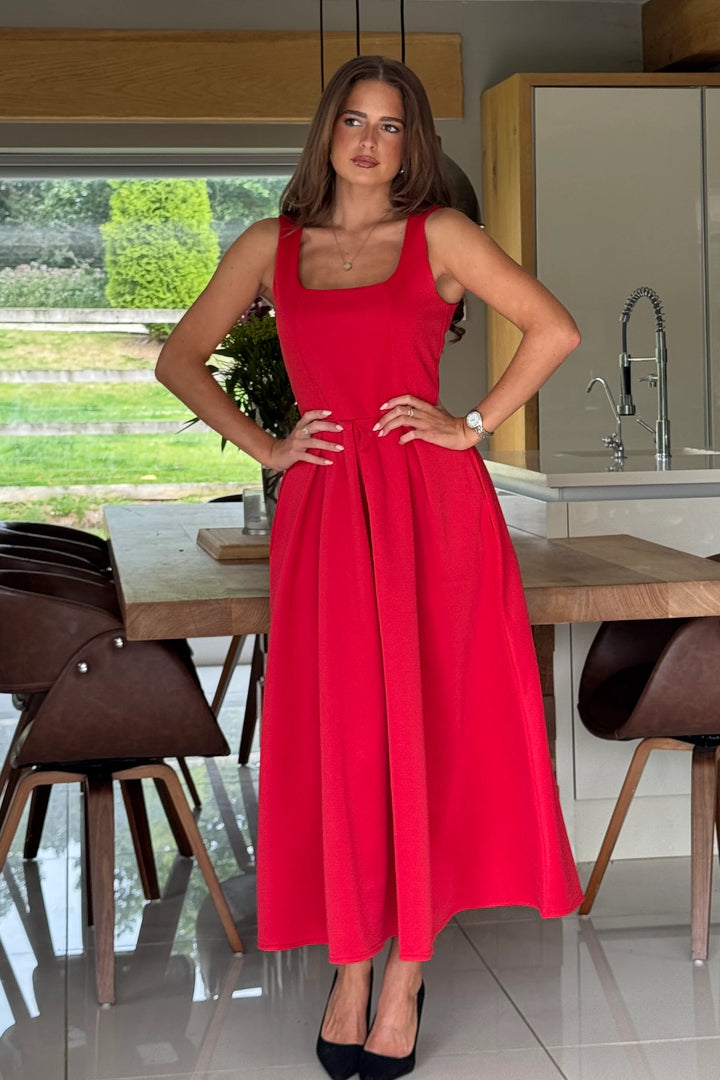 Erica Red Square Neck Sleeveless Pleated Midi Dress