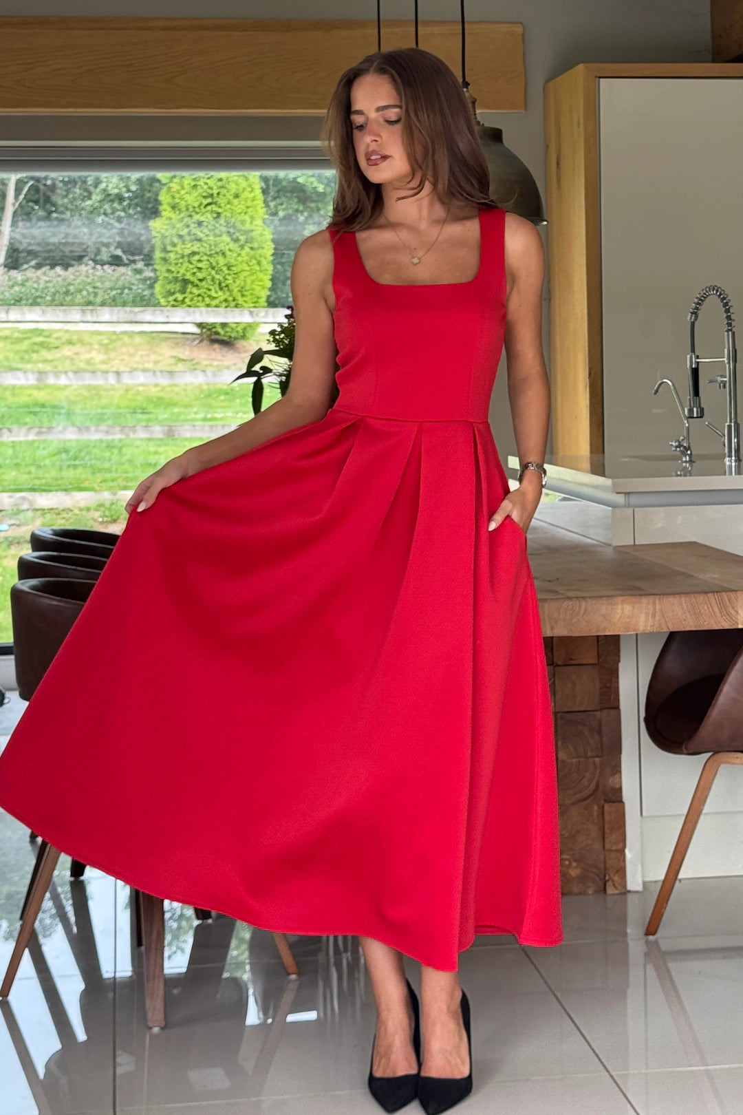 Erica Red Square Neck Sleeveless Pleated Midi Dress