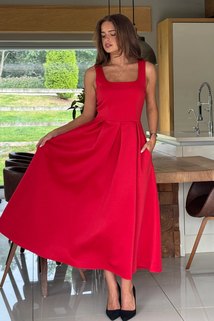 Erica Red Square Neck Sleeveless Pleated Midi Dress