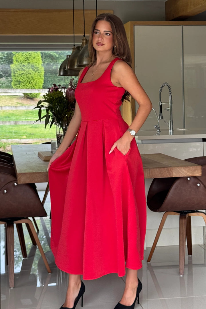 Erica Red Square Neck Sleeveless Pleated Midi Dress