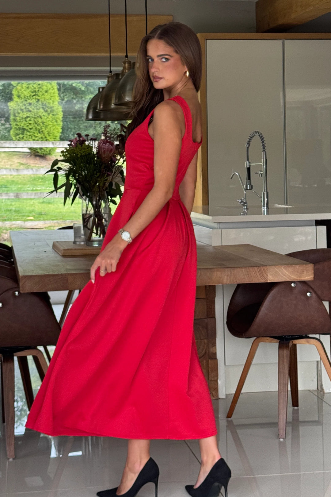 Erica Red Square Neck Sleeveless Pleated Midi Dress