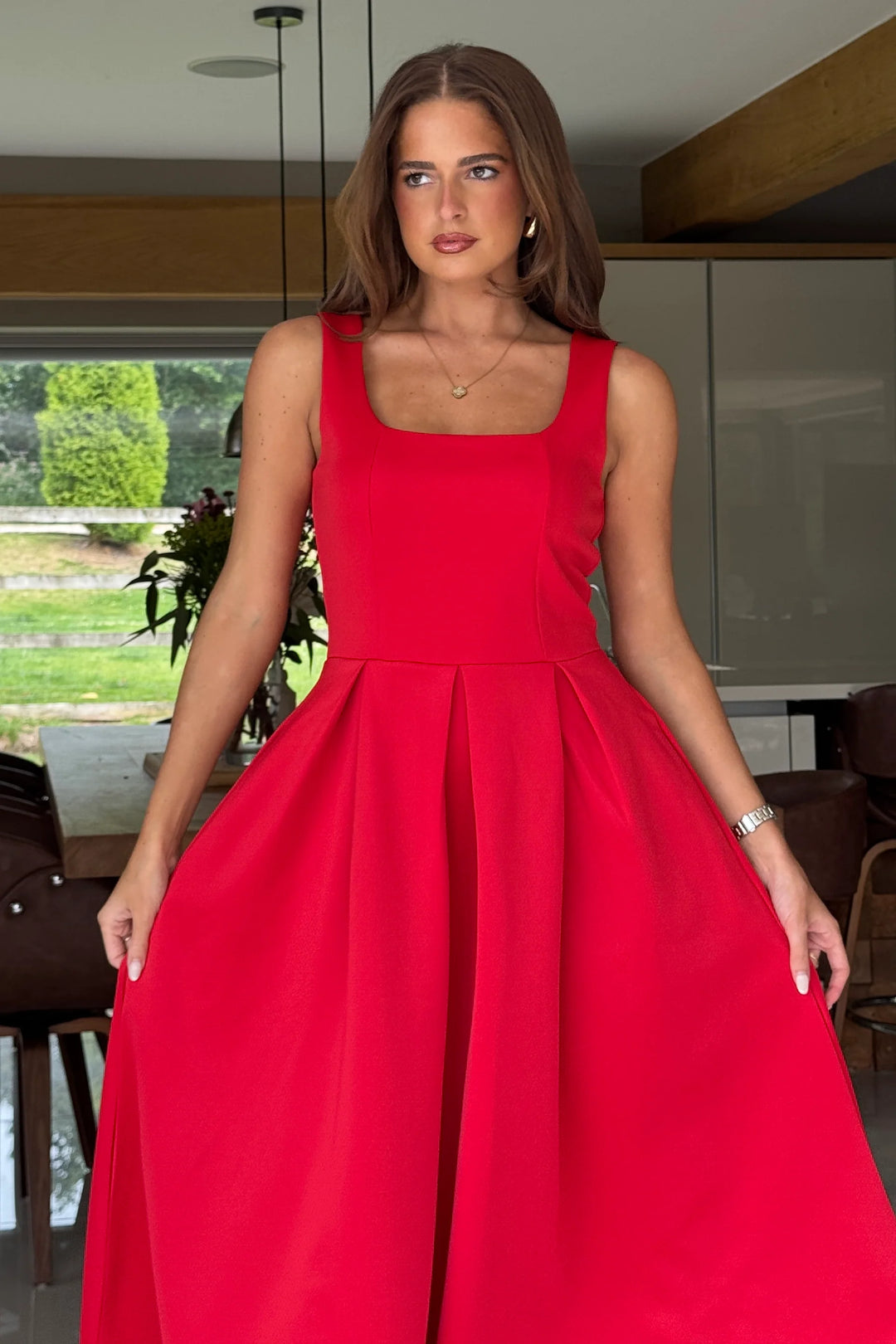 Erica Red Square Neck Sleeveless Pleated Midi Dress