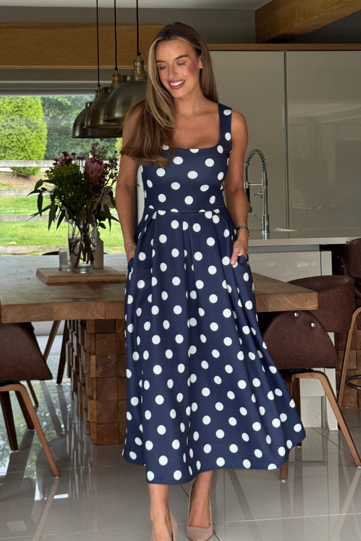 Erica Navy Polka Dot Square Neck Sleeveless Pleated Midi Dress