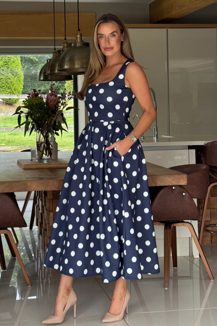 Erica Navy Polka Dot Square Neck Sleeveless Pleated Midi Dress