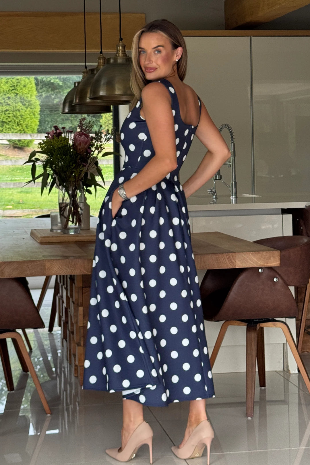 Erica Navy Polka Dot Square Neck Sleeveless Pleated Midi Dress