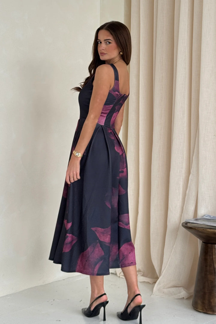 Erica Burgundy Floral Square Neck Sleeveless Pleated Midi Dress