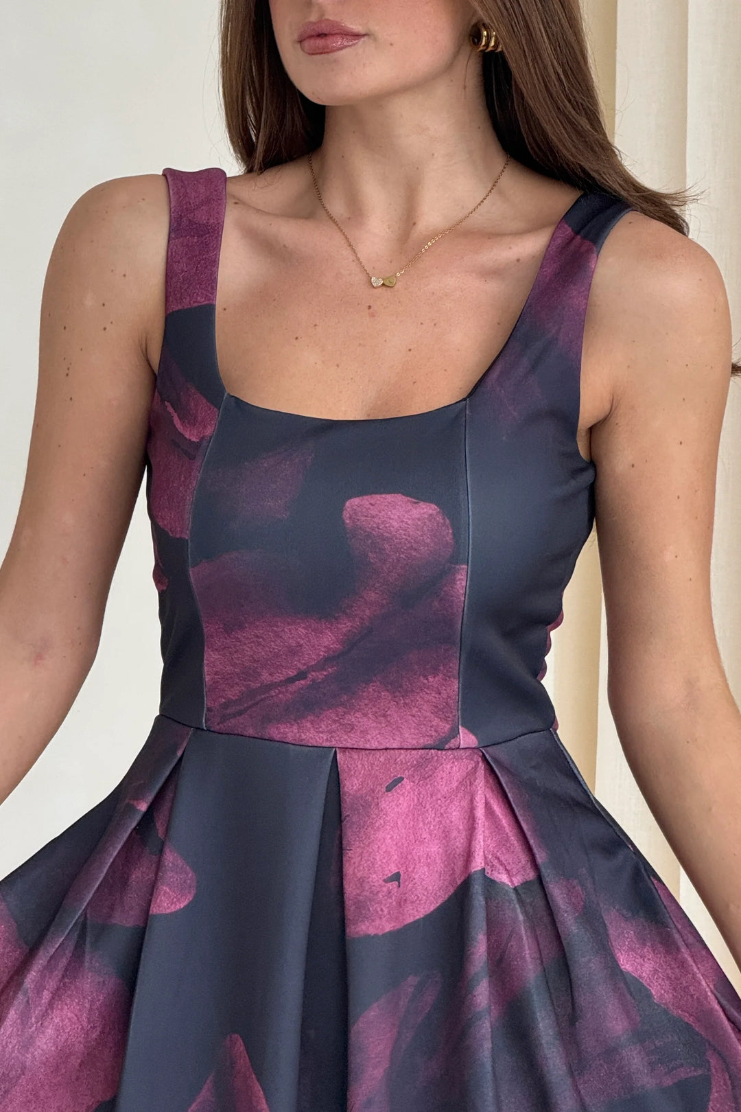 Erica Burgundy Floral Square Neck Sleeveless Pleated Midi Dress