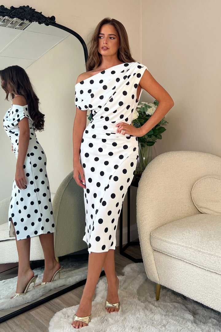 Ariana White Polka Dot Asymmetric Neckline Midi Dress