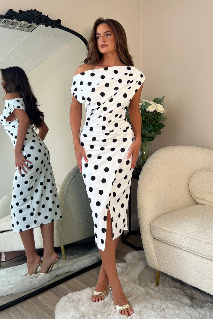 Ariana White Polka Dot Asymmetric Neckline Midi Dress