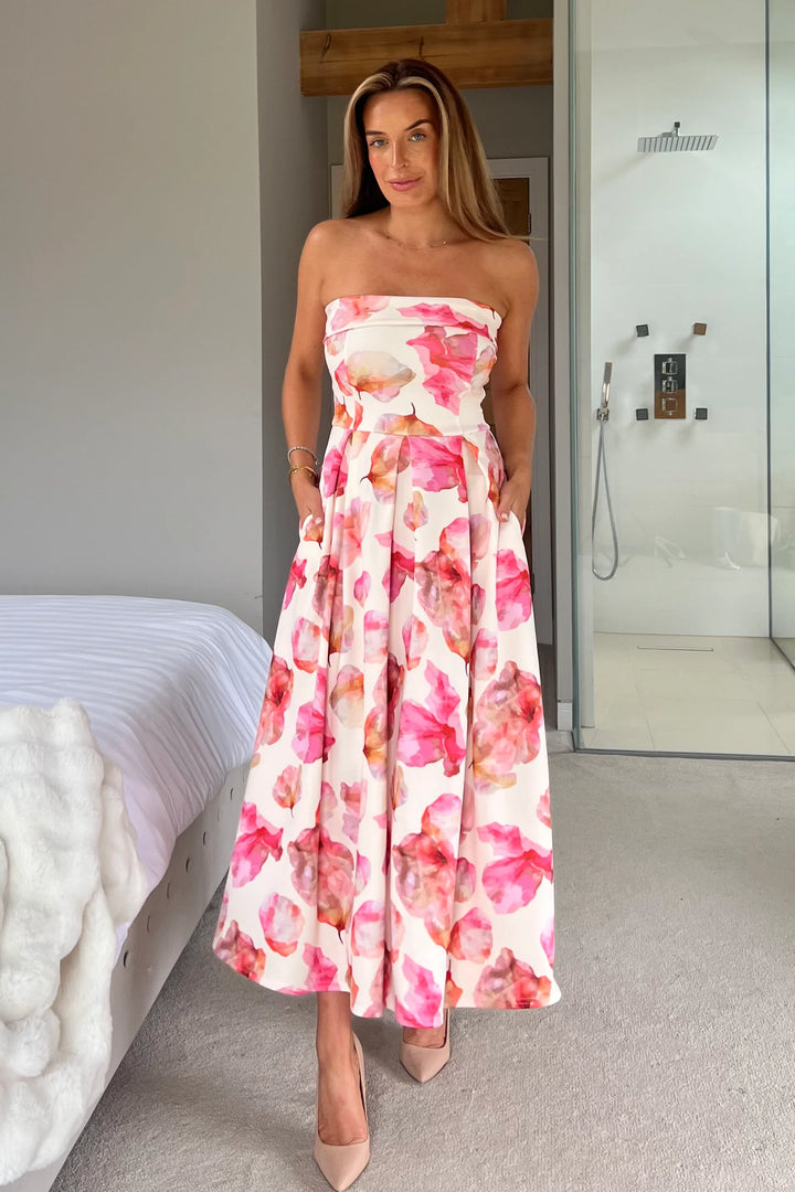 Danni Yellow & Pink Floral Strapless Bandeau Midi Dress With Pockets