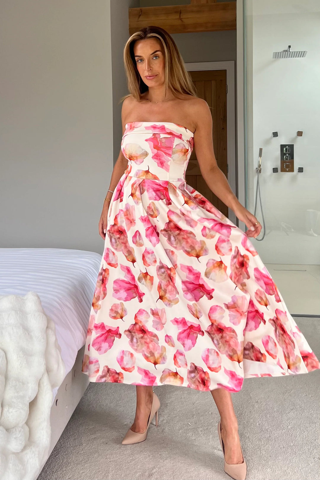 Danni Yellow & Pink Floral Strapless Bandeau Midi Dress With Pockets