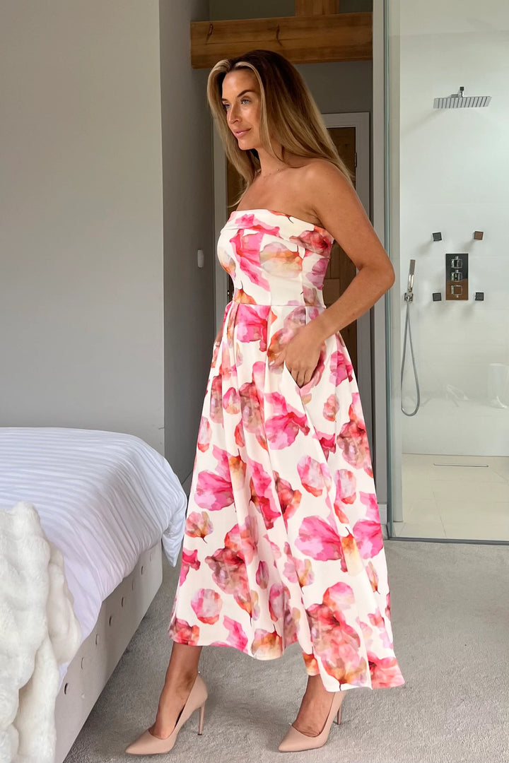 Danni Yellow & Pink Floral Strapless Bandeau Midi Dress With Pockets