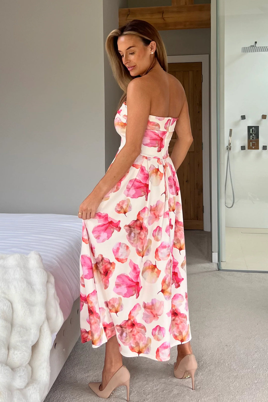 Danni Yellow & Pink Floral Strapless Bandeau Midi Dress With Pockets