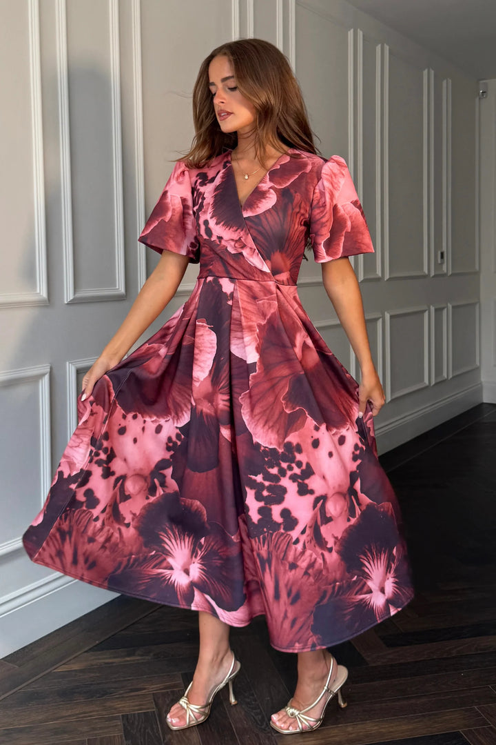 Dora Wine Floral Wrap Front Puff Short Sleeve Midi Dress