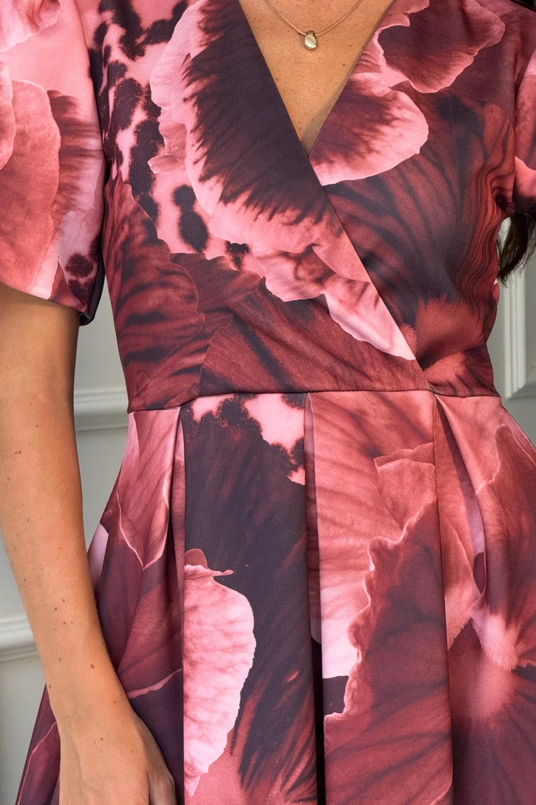 Dora Wine Floral Wrap Front Puff Short Sleeve Midi Dress