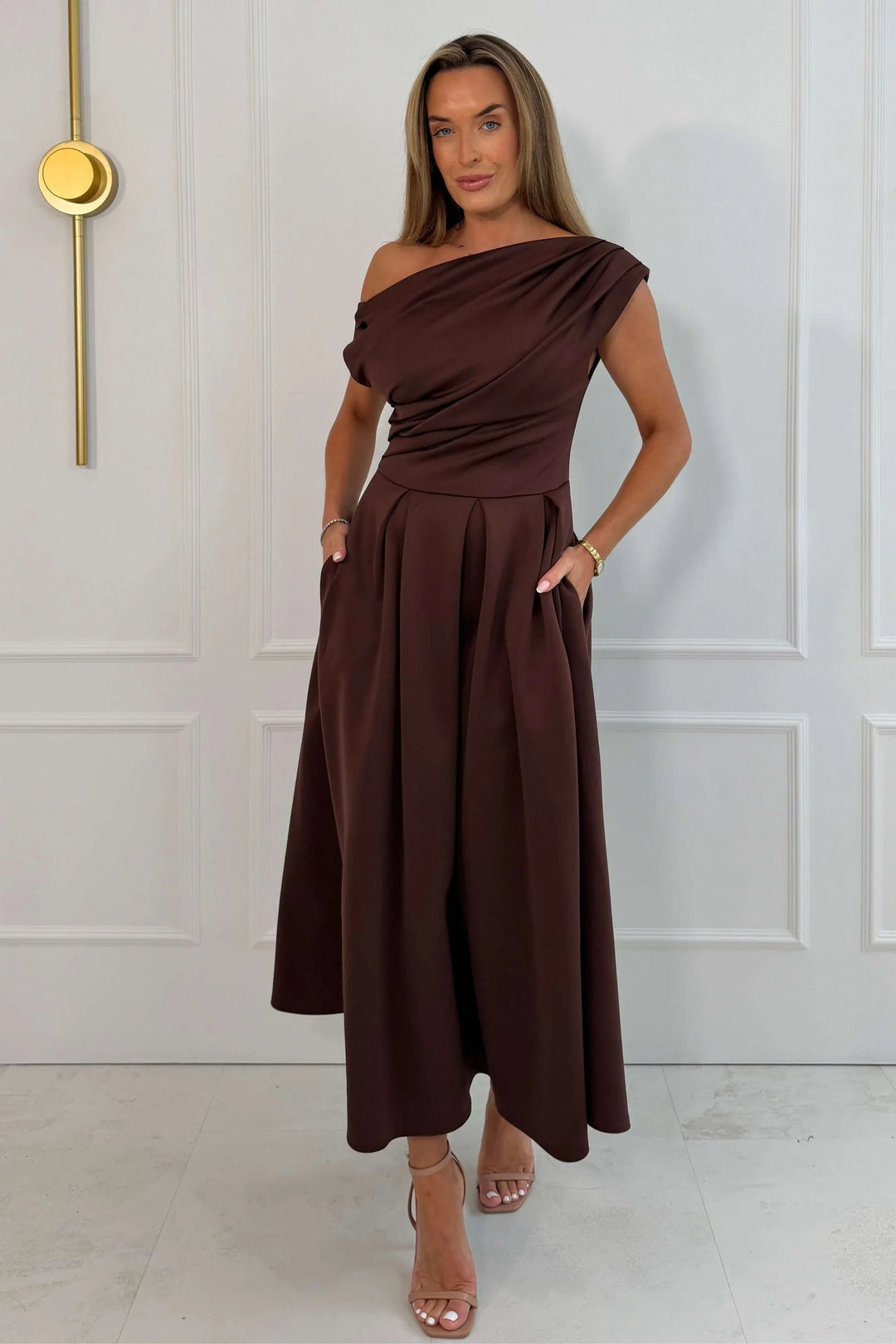 Betty Brown Asymmetric Neckline Skater Midi Dress With Pockets