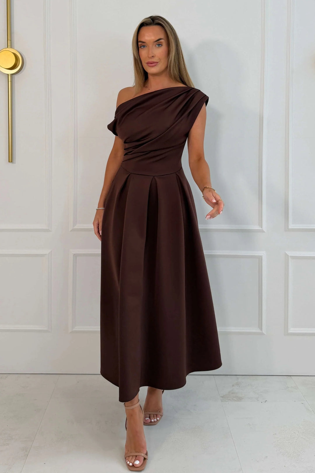 Betty Brown Asymmetric Neckline Skater Midi Dress With Pockets