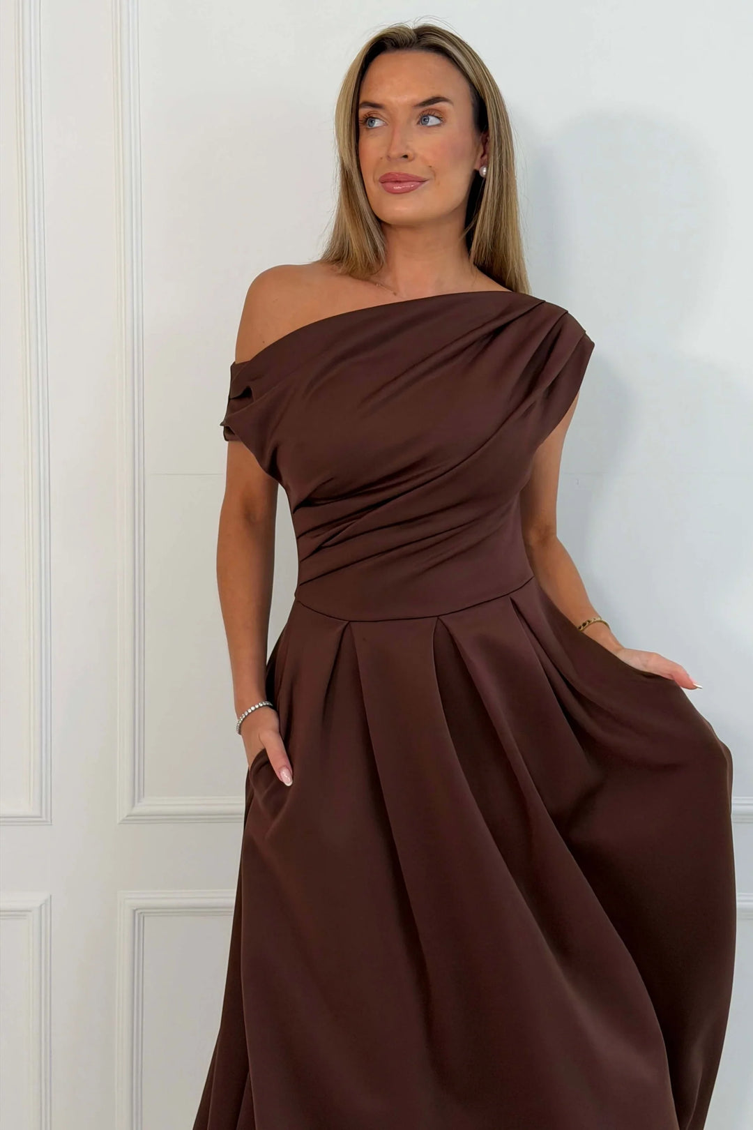 Betty Brown Asymmetric Neckline Skater Midi Dress With Pockets