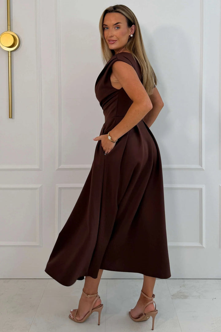 Betty Brown Asymmetric Neckline Skater Midi Dress With Pockets