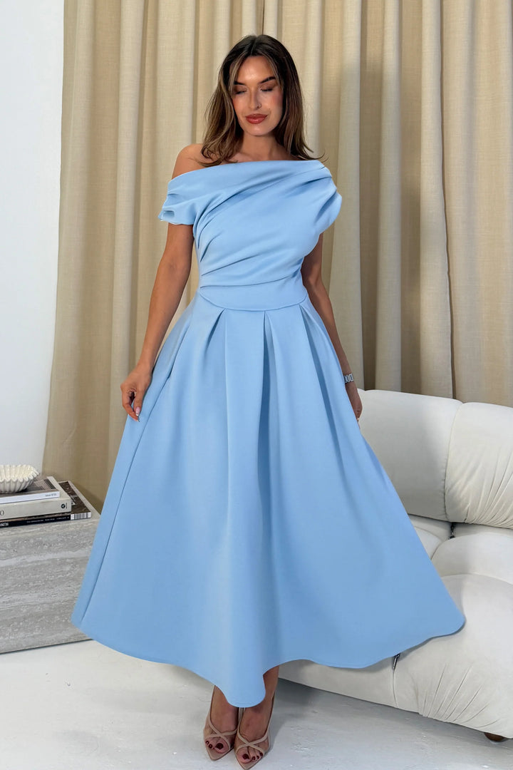 Betty Baby Blue Asymmetric Neckline Skater Maxi Dress With Pockets  (PRE-ORDER TO SHIP NEXT WEEK)