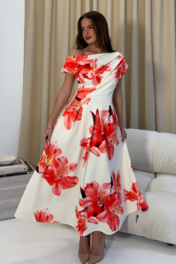 Betty Orange Floral Asymmetric Neckline Skater Maxi Dress With Pockets