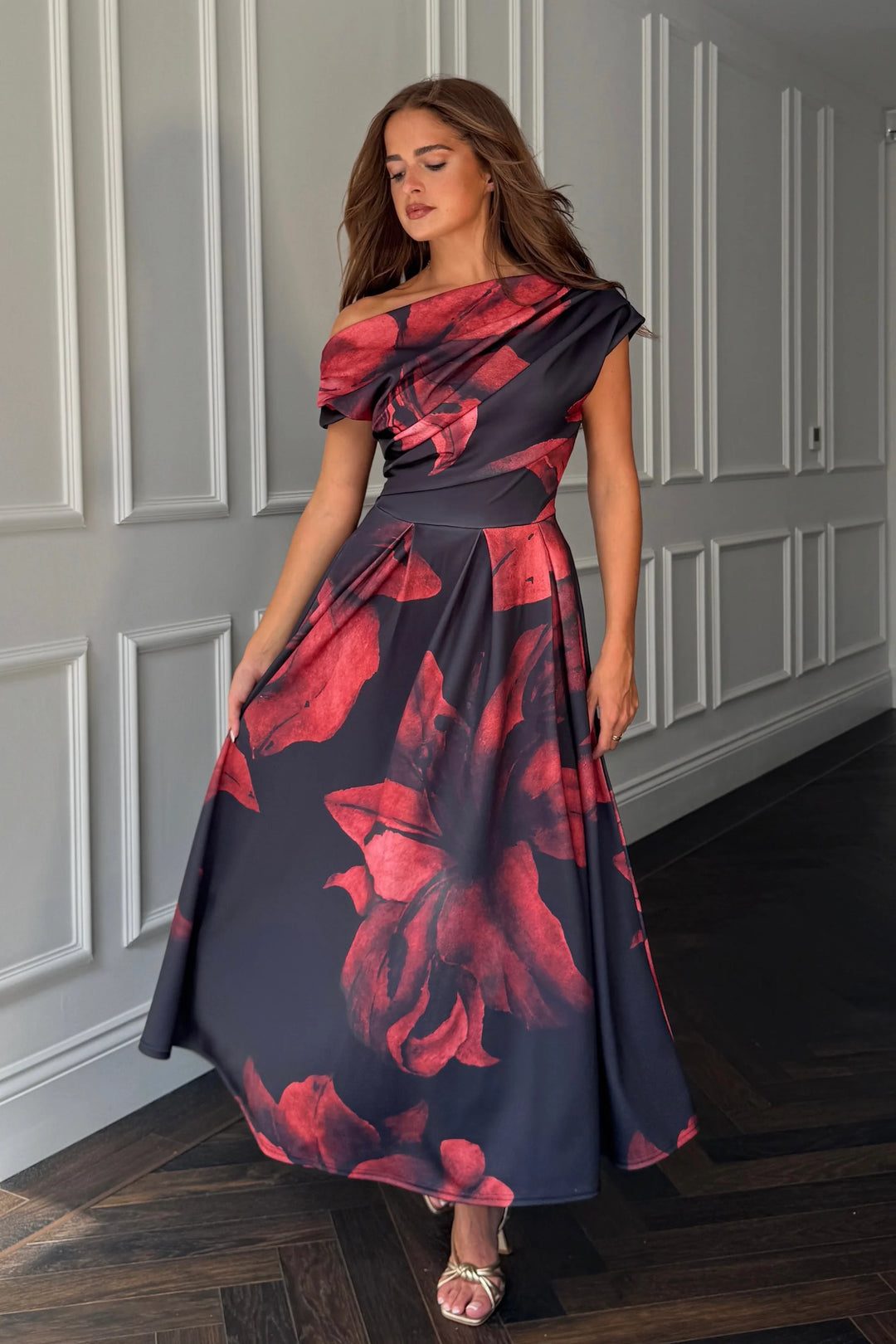 Betty Black Floral Asymmetric Neckline Skater Maxi Dress